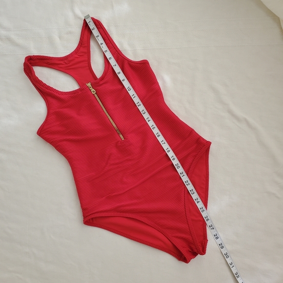Heidi Klein red one piece swim suit size Medium gold zipper ribbed fabric lined - Picture 3 of 16